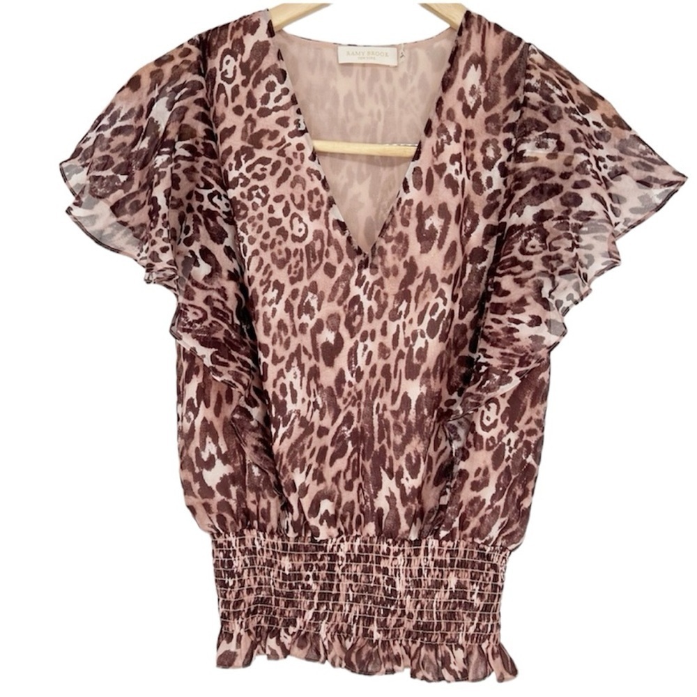 Ramy Brook Silk Flutter sleeve Smocked Bottom Blouse Top‎